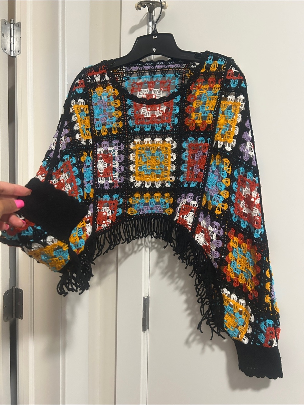 Multicolor Crochet Fringe Sweater Shrug - Black Trim